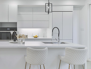 Modern quartz worktop in Enniskillen with undermounted sink and taps